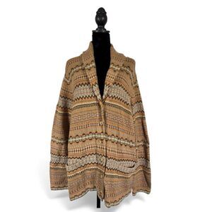 Ralph Lauren Tan Fair Isle Cardigan Sweater Cotton Wool Cashmere 2X